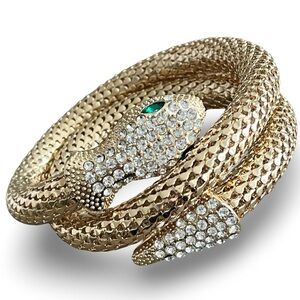 Gold Tone Serpent Bracelet Green Stone Eyes